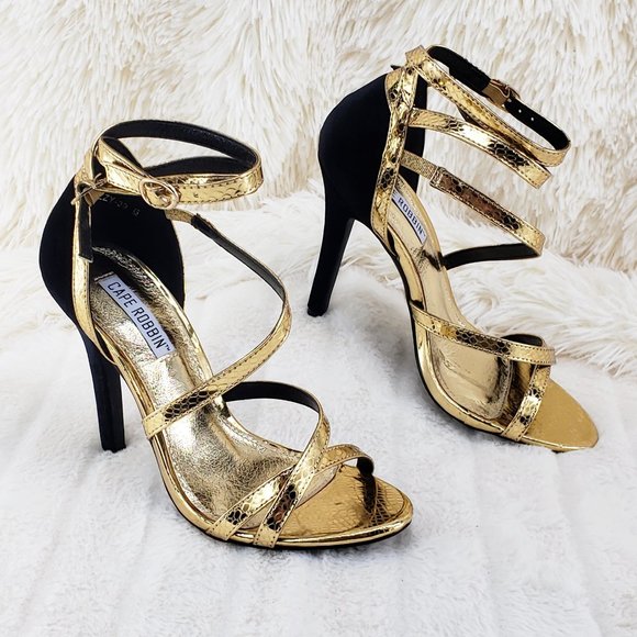 Cape Robbin Shoes - Gold Snake & Black Velvet 4.5" High Heel Sandal